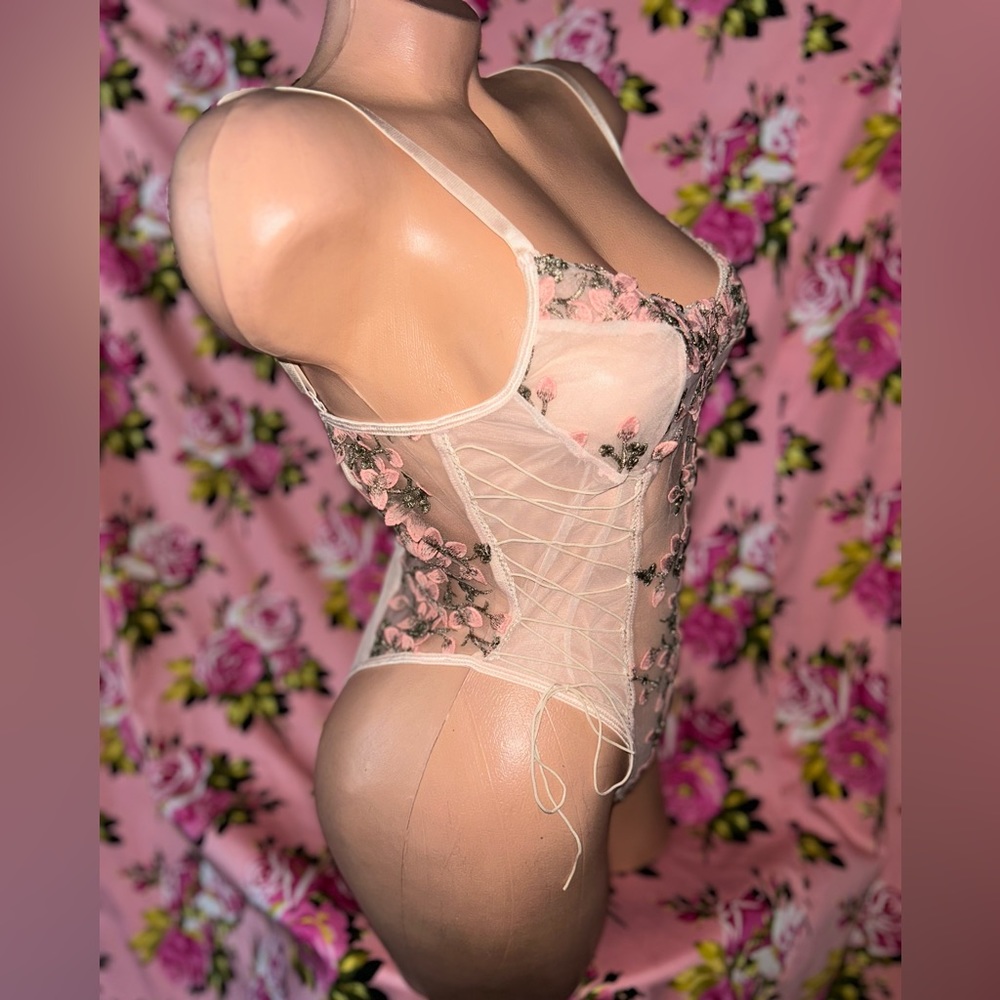 Pink floral corset lace up bodysuit romper teddy bachelorette wedding gift C3 - Picture 6 of 10